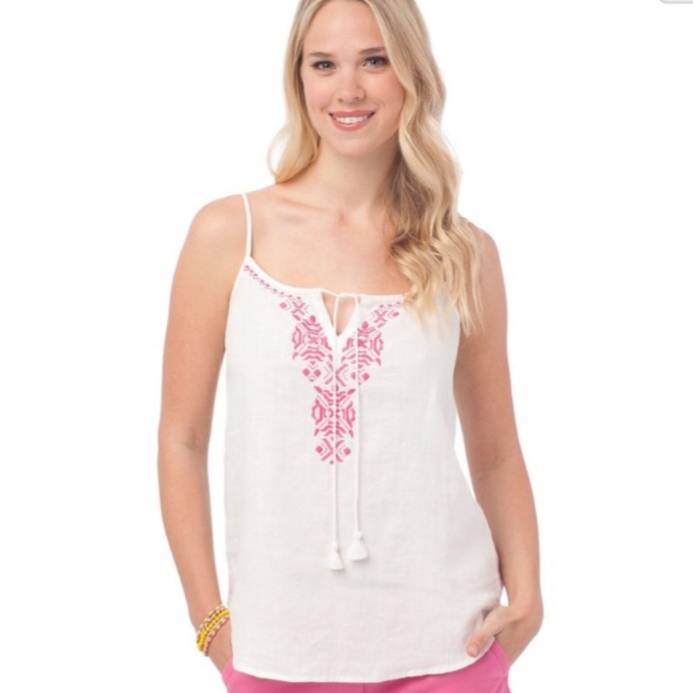 Southern Tide Linen embroidered tank pink